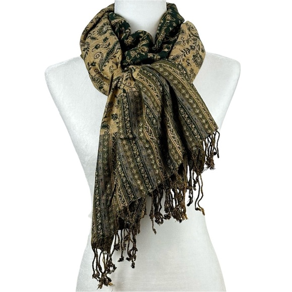 Green Gold Floral Stripe Pashmina Shawl Wrap OS - Picture 1 of 6